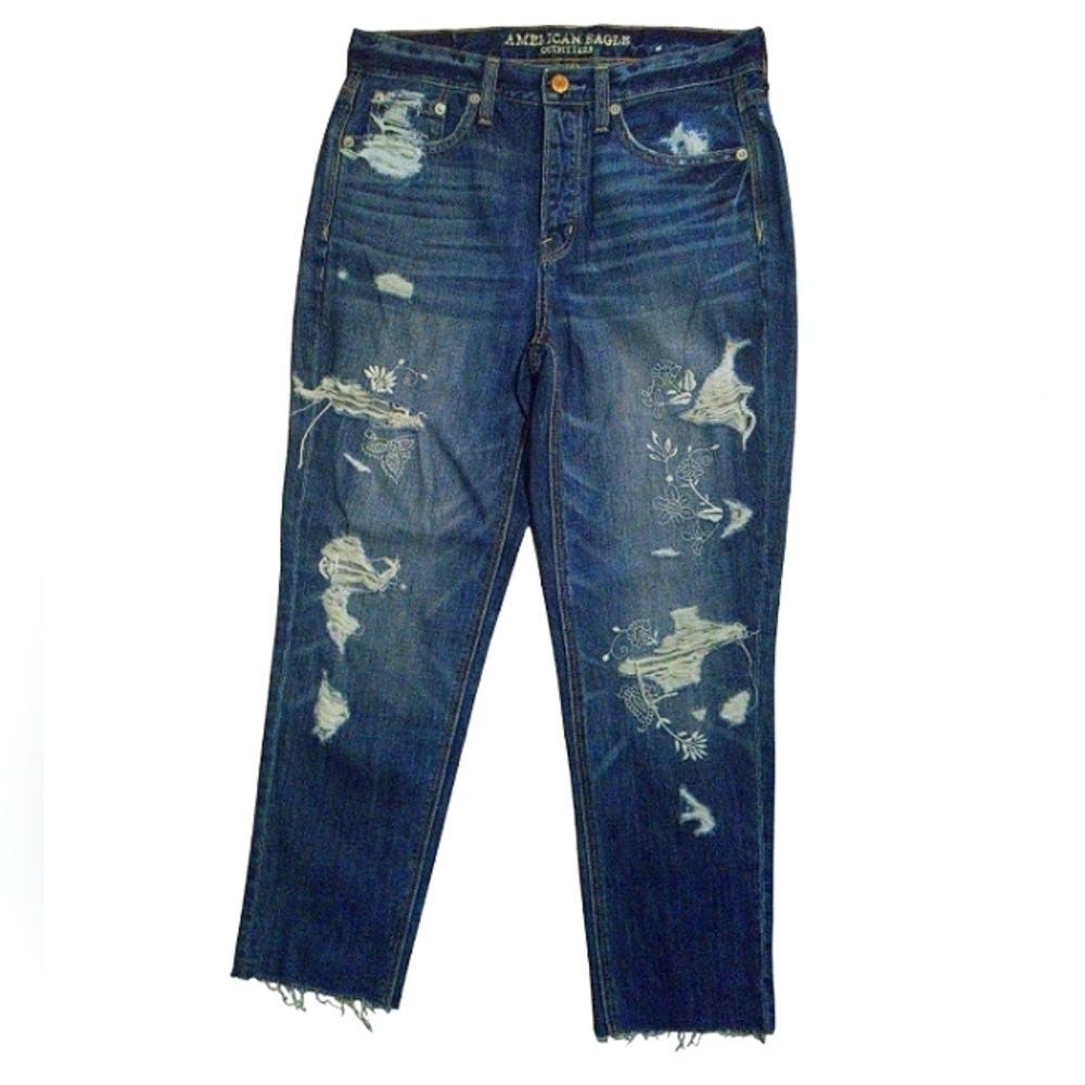 American Eagle Floral Embroidered Vintage Hi Rise‎ Raw Hem Jeans Size 4 Short